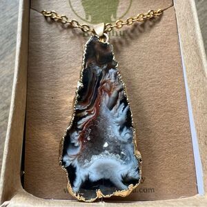 Agate Geode Slice Druzy Necklace NWT Brown/Gold Last One!